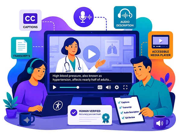 Illustration of video accessibility features including captions, transcripts, audio descriptions, and accessible media player.