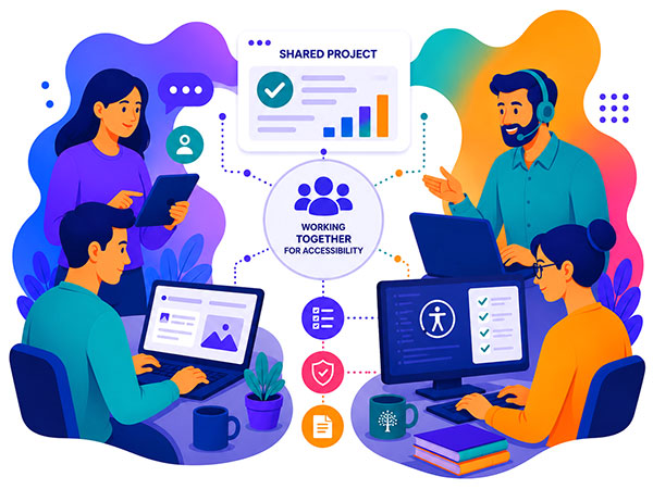 Illustration of four people collaborating online labeled 'Working Together for Accessibility'.