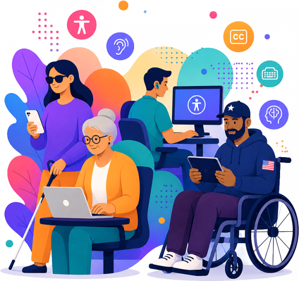 Illustration depicting diverse people with disabilities using technology, highlighting the importance of digital accessibility.